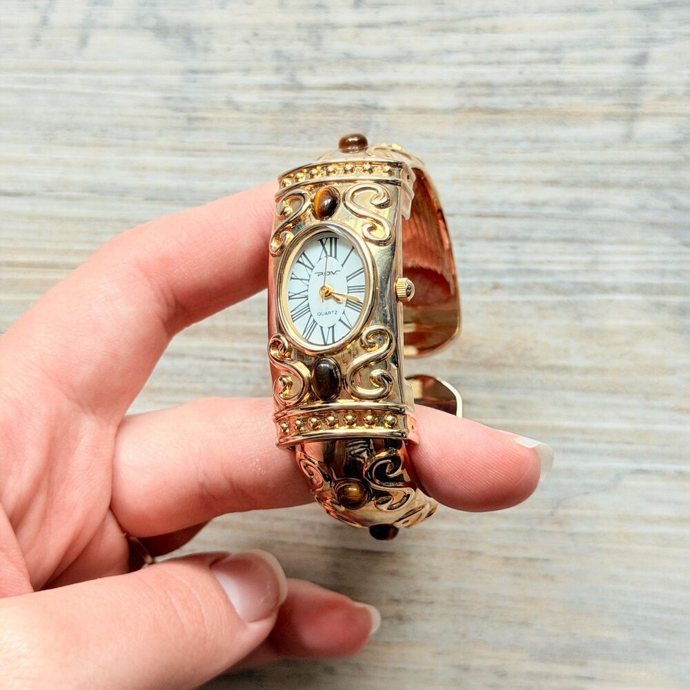 Vintage Watch Gold Tone Hinged Bangle Cuff Tiger Eye Cabochon Quartz Roman